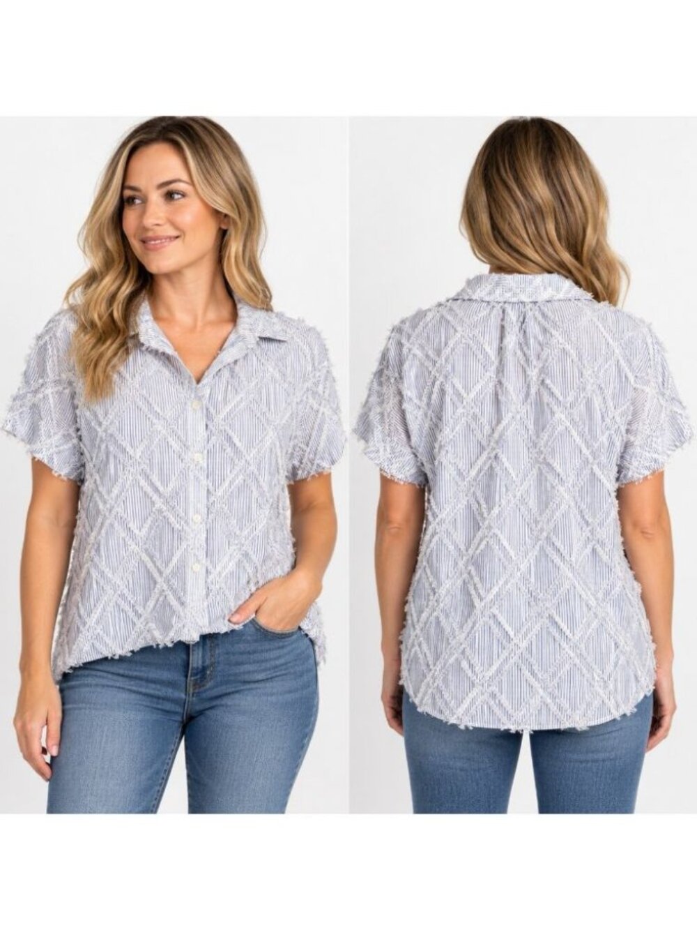 Ali Miles Women’s PL Blue White Stripe Fringe Textured Button Up Top Short